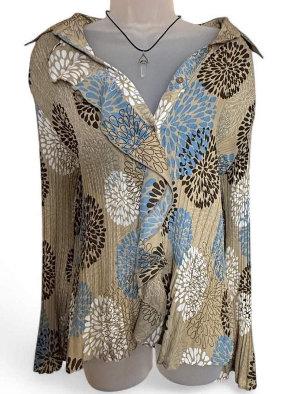 Signature by Larry Levine Vintage Beige Blue Floral Ruffle-Front Button Down